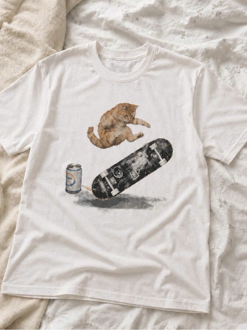 Gildan Cat Skateboard Graphic Tee - White